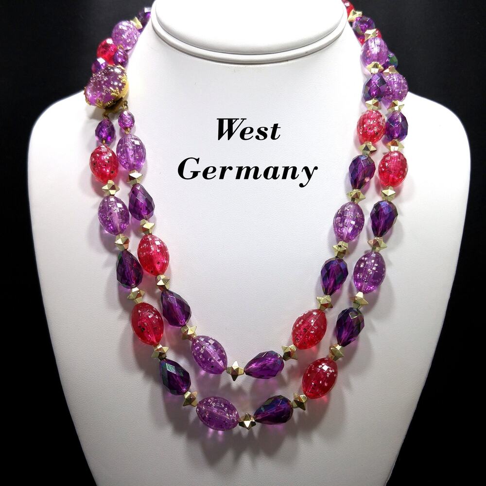 West Germany Glitter Beaded Necklace, Molded Plastic Purple Pink Beads, 1950s